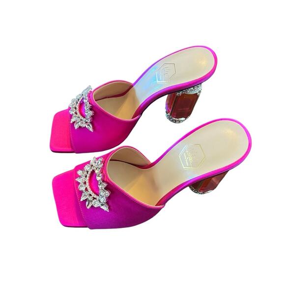 Nalebe Aurum Crystal Embellished Satin Mule Magenta Square Toe Heels EU38/US 8 - Picture 3 of 11